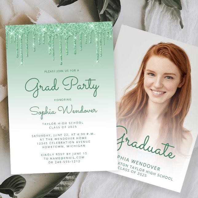 2025 Glam Green Glitter Drip Photo Graduation Invitation (Creator Uploaded)