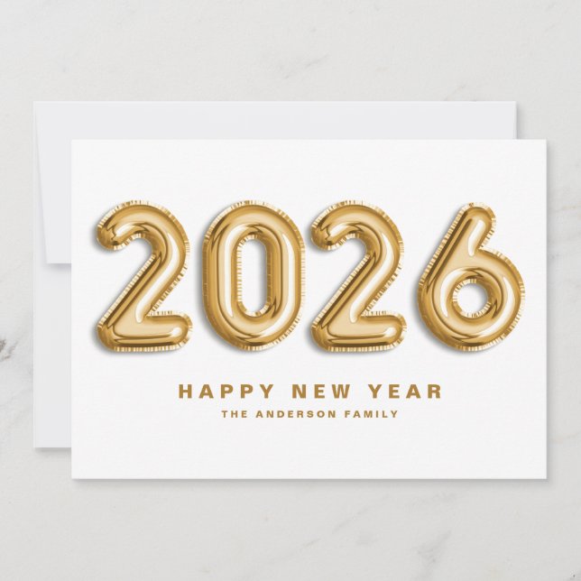 2025 Gold Foil Mylar Balloons Happy New Year Holiday Card (Front)
