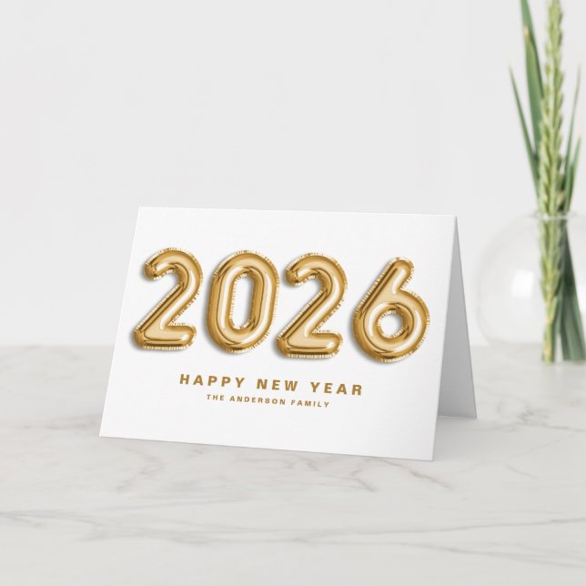 2025 Gold Foil Mylar Balloons Happy New Year Holiday Card (Front)