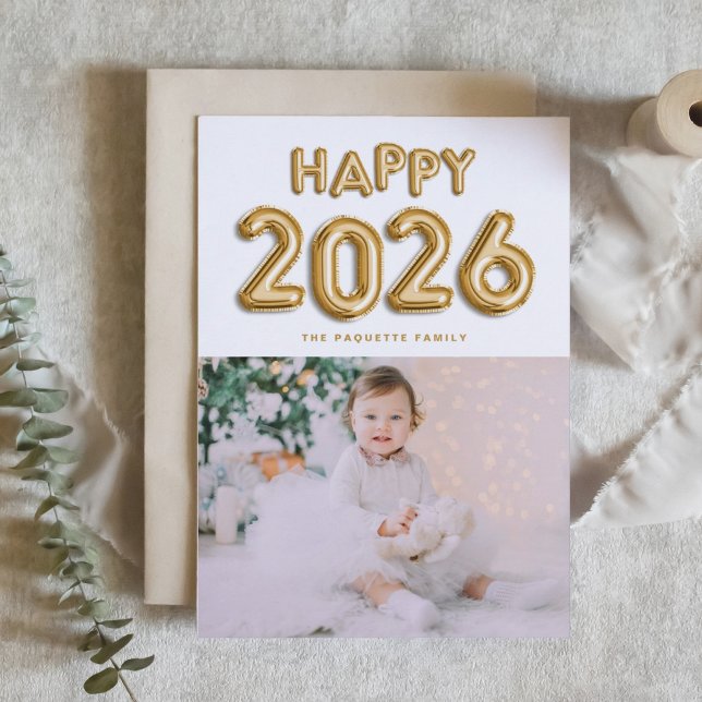 2025 Gold Foil Mylar Balloons Photo New Year Holiday Card (Customizable photo Happy 2026 New Year card featuring gold foil mylar balloons.)