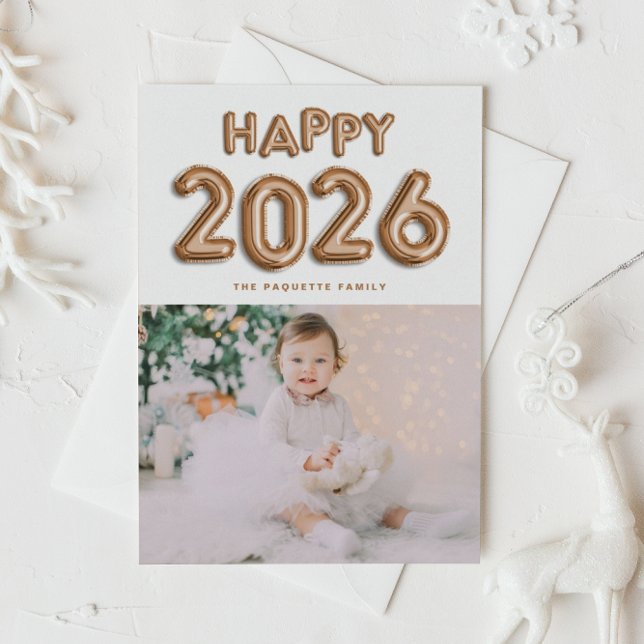 2025 Gold Foil Mylar Balloons Photo New Year Holiday Postcard (Customizable photo Happy 2026 New Year postcard featuring copper foil mylar balloons.)
