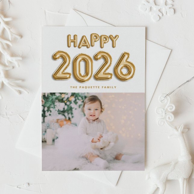 2025 Gold Foil Mylar Balloons Photo New Year Holiday Postcard (Customizable photo Happy 2026 New Year postcard featuring gold foil mylar balloons.)