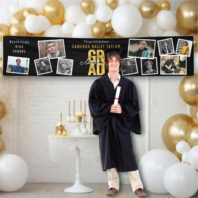 2025 Gold GRAD 10 Photo Modern Graduation Party Banner (2024 Golden Bold GRAD 10 Photo Collage Modern Graduation Party Banner @ zazzle.com/color_therapy)
