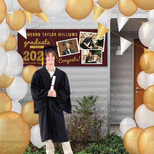 2025 Gold Graduate Sketch 3 Photo Graduation Party Banner