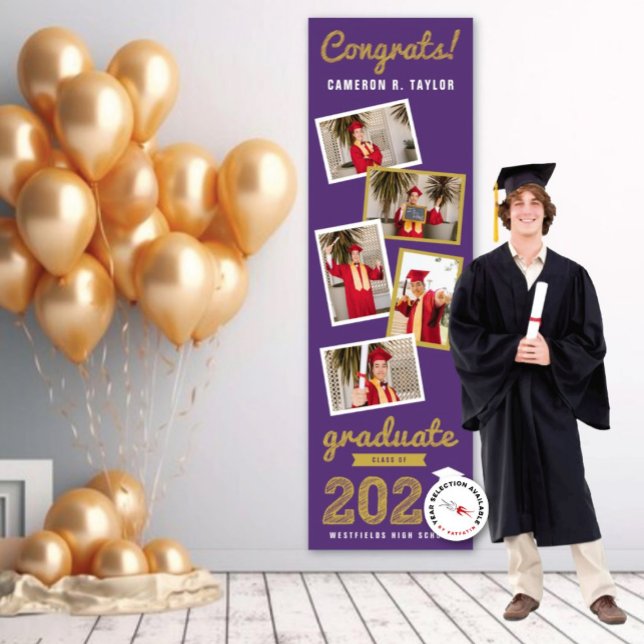 2025 Gold Sketch 5 Photo Collage Graduation Party Banner (20YY Purple & Gold Sketch, Modern 5 Photo Graduation Party Banner @ www.zazzle.com/color_therapy)