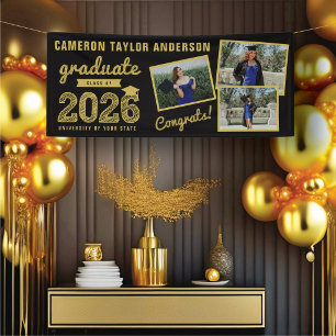 2025 Gold Sketch Three Photo Collage Grad Party Banner