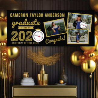 2025 Gold Sketch Three Photo Collage Grad Party Banner