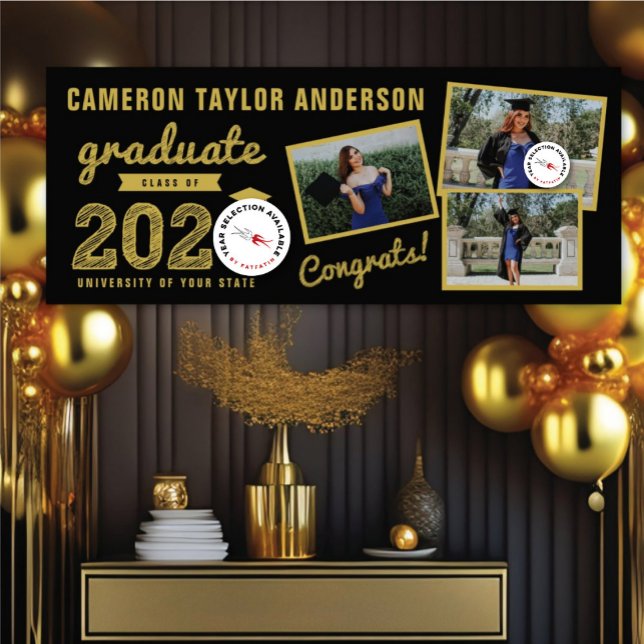 2025 Gold Sketch Three Photo Collage Grad Party Banner (20YY Black And Gold Sketch 3 Photo Modern Graduation Party Banner @ www.zazzle.com/color_therapy)