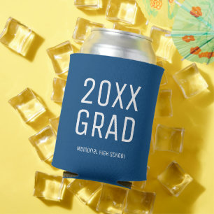 2025 Grad and School Name Blue Modern Graduation Can Cooler