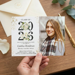 2025 Grad Photo Green White Floral Graduation Invitation