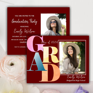 2025 GRAD Two Photo Red Graduate Announcement Postcard