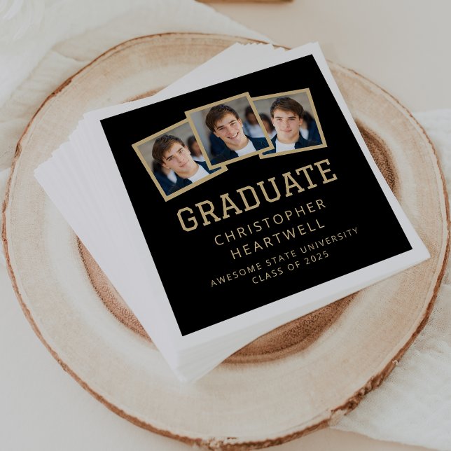 2025 Graduate 3-Photo Black and Gold Napkin (Creator Uploaded)