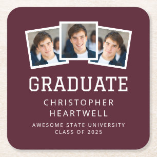 2025 Graduate 3-Photo Burgundy White Square Paper Coaster