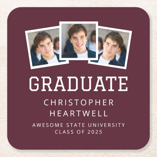 2025 Graduate 3-Photo Burgundy White Square Paper Coaster (Front)