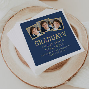2025 Graduate 3-Photo Navy Blue Gold Napkin