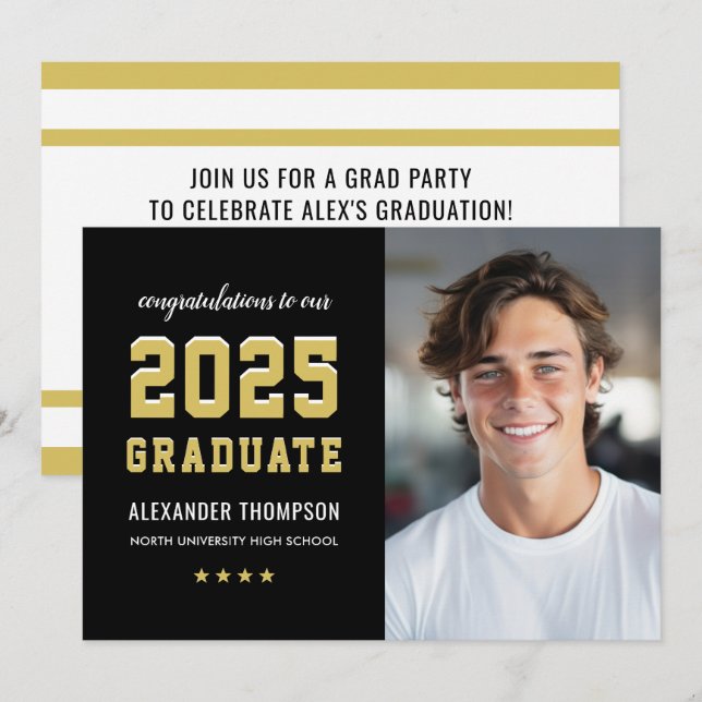 2025 Graduate Black Gold Graduation Party Photo Invitation (Front/Back)