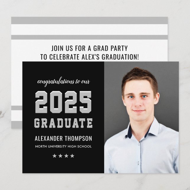 2025 Graduate Black Gray Graduation Party Photo Invitation (Front/Back)