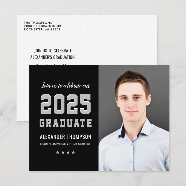 2025 Graduate Black Grey Graduation Party Photo Invitation Postcard (Front/Back)