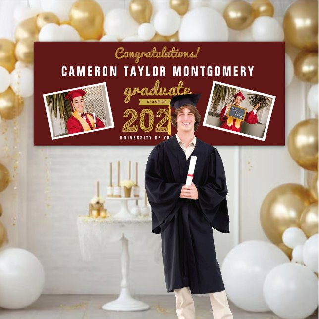 2025 Graduate Bold Sketch 2 Photo Graduation Party Banner (2024 Burgundy Red & Gold Sketch 3 Photo, Graduation Party Banner @ www.zazzle.com/color_therapy)