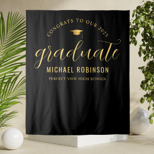 2025 Graduate Gold Black Graduation Party Tapestry