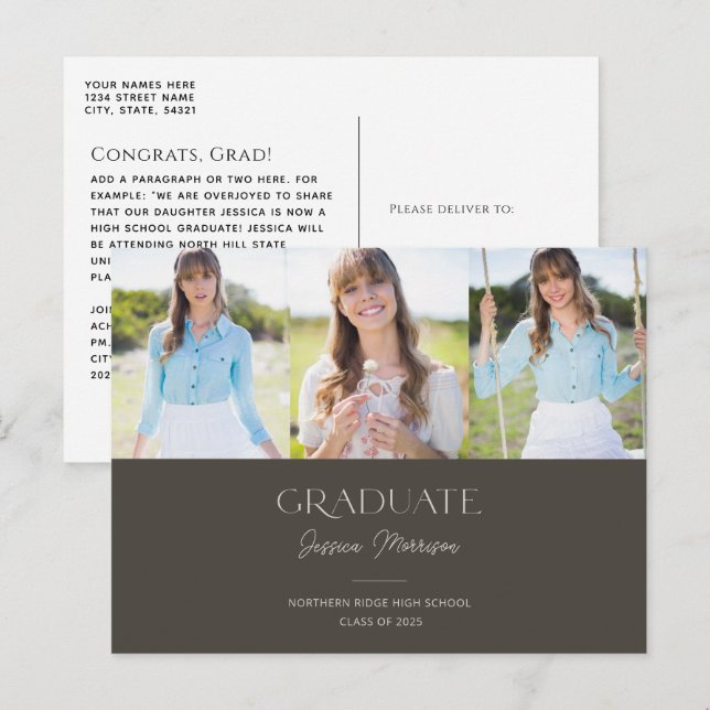 2025 Graduate Signature Name 3-Photo Graduation Postcard (Front/Back)