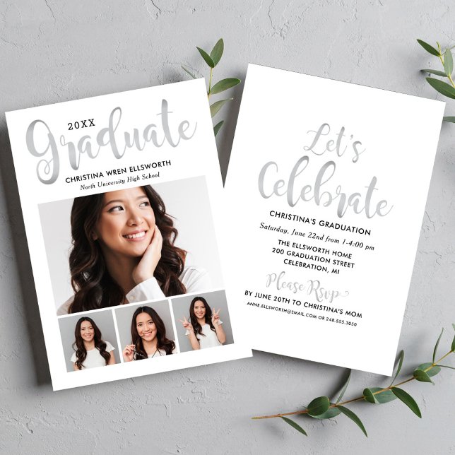2025 Graduate Silver Script Photo Collage Party Invitation (Creator Uploaded)