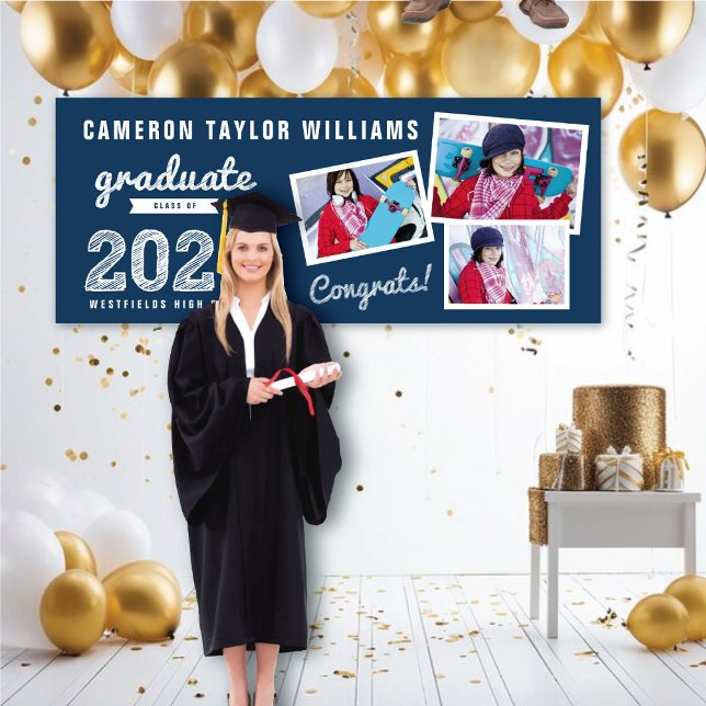 2025 Graduate Sketch Three Photo Graduation Party Banner (2024 Navy Blue & White Sketch 3 Photo, Modern Graduation Party Banner @ www.zazzle.com/color_therapy)