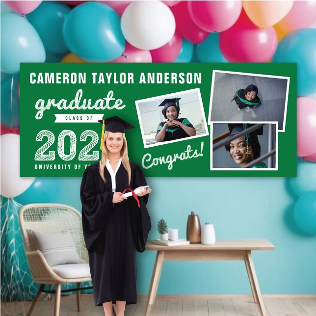 2025 Graduate Sketch Three Photo Graduation Party Banner (20YY Green & White Sketch, Modern 10 Photo Graduation Party Banner @ www.zazzle.com/color_therapy)