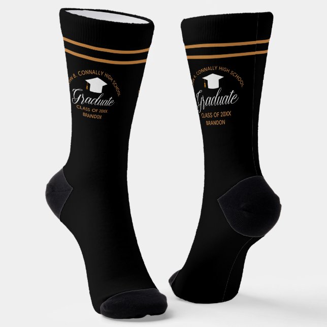 2025 Graduation Black Gold Custom High School Socks (Angled)