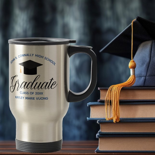 2025 Graduation Blue Gold Custom High School Name Travel Mug (Creator Uploaded)