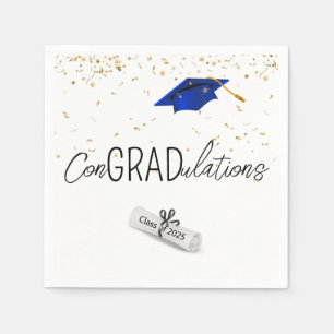 2025 Graduation Gold Confetti and Blue Cap Napkin