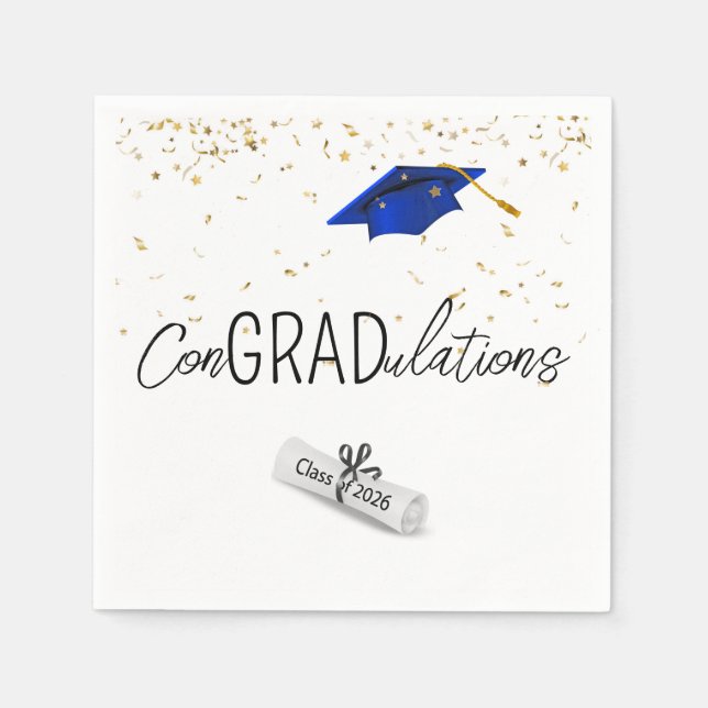 2025 Graduation Gold Confetti and Blue Cap Napkin (Front)