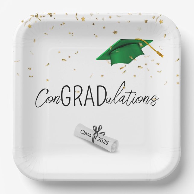 2025 Graduation Gold Confetti and Green Cap Paper Plate (Front)
