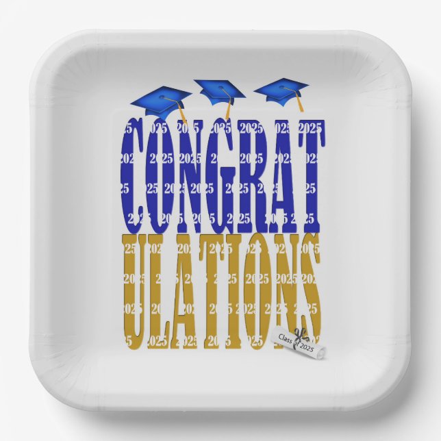 2025 Graduation In Blue and Gold School Colours Paper Plate (Front)