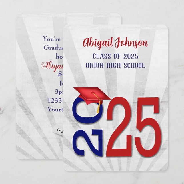 2025 Graduation In Blue and Red School Colours Invitation (Front/Back)