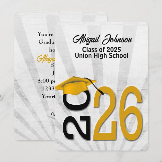 2025 Graduation In Gold and Black School Colours Invitation (Front/Back)