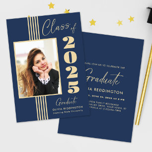 2025 Graduation Party Navy Gold Photo Frame  Invitation