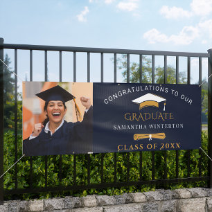 2025 Graduation Photo Navy Blue Gold Grad Banner