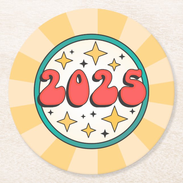 2025 groovy retro chubby text and stars round paper coaster (Front)