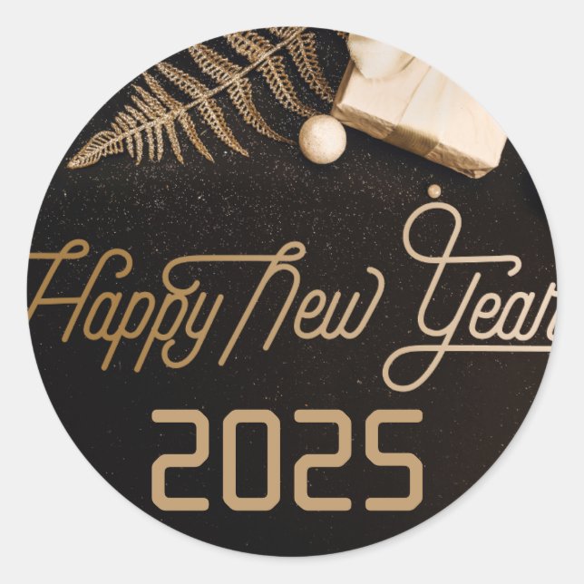 2025 Happy New Year  Black Custom Gold Business Classic Round Sticker (Front)