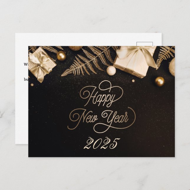 2025 Happy New Year  Black Custom Gold Business Holiday Postcard (Front/Back)