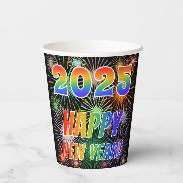2025 HAPPY NEW YEAR!, Colourful Fireworks Pattern Paper Cups (Back)