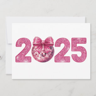 2025 Happy New Year Disco Ball Pink Bow Holiday Card