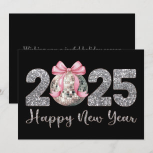 2025 Happy New Year Disco Ball Pink Bow Holiday Card