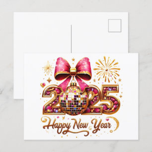 2025 Happy New Year Disco Ball Pink Bow Holiday Postcard