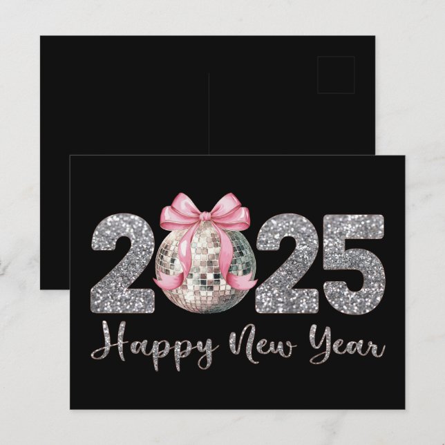 2025 Happy New Year Disco Ball Pink Bow Holiday Postcard (Front/Back)
