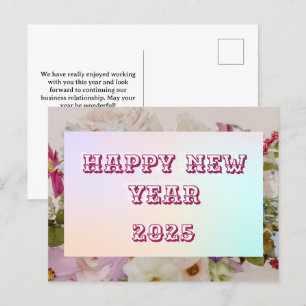 2025 Happy New Year Floral Custom Pink Business Holiday Postcard