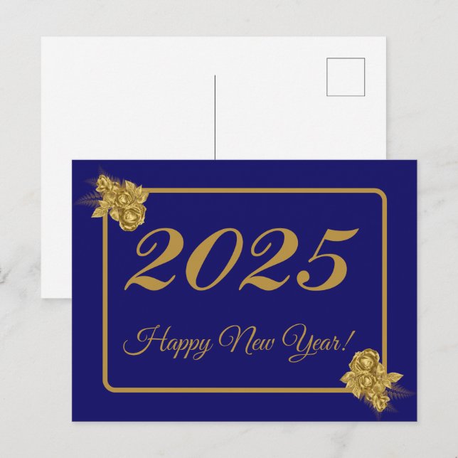 2025,Happy new year!gold flower & navy background Postcard (Front/Back)