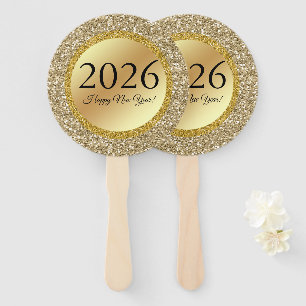 2025 happy new year,gold metallic sparkles  hand fan