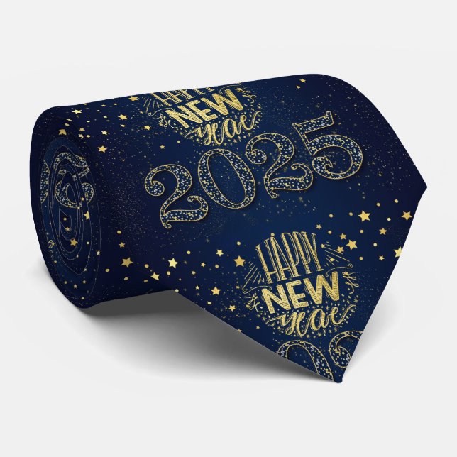 2025 Happy New Year Gold on Deep Navy Blue Tie (Rolled)